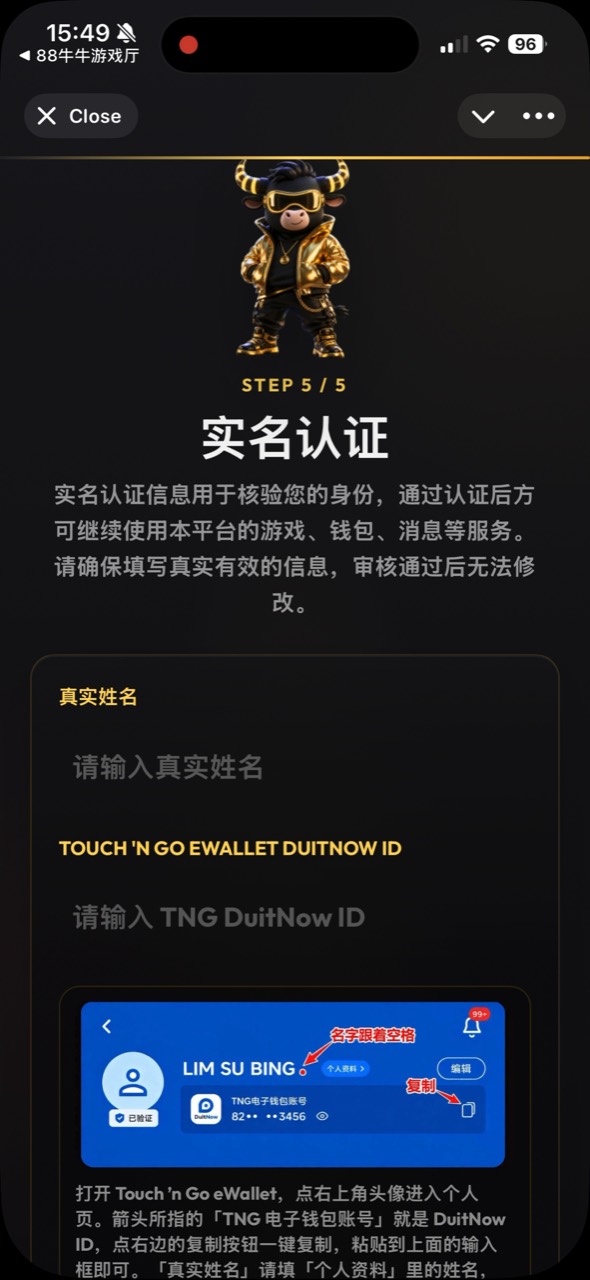 填写真实姓名与 TNG DuitNow ID 的实名认证页面